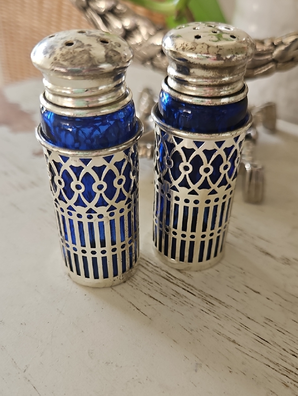 Silver Plate And Cobalt Blue Glass Salt and Pepper Shakers - Picture 3 of 4